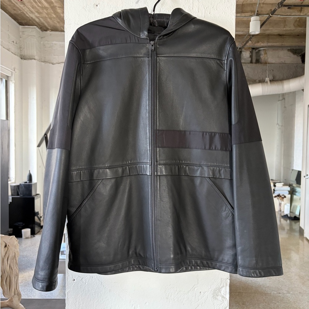 Alexander Wang Black Leather Hooded Jacket Asymmetrical Color Block